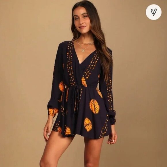 Lulus Adventuresome Dark Purple & Orange Tie-Dye Long Sleeve Romper Size XS - Picture 2 of 14